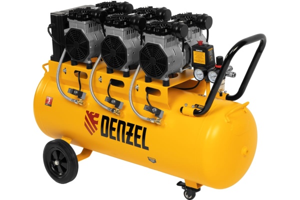 Безмаслянный малошумный компрессор Denzel DLS 3300/100,3300Вт,3x1100,100 л,570 л/мин блок упр 58032