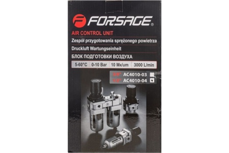 Блок подготовки воздуха 1/2" фильтр-регулятор+лубрикатор (10 Мк, 3000 л/мин, 0-10 bar, рабочая температура 5-60°) Forsage F-AC4010-04