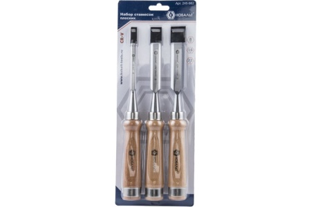 Набор плоских стамесок: 8, 16, 22мм, длина 140мм, CR-V, деревянные рукоятки, 3шт КОБАЛЬТ 245-862