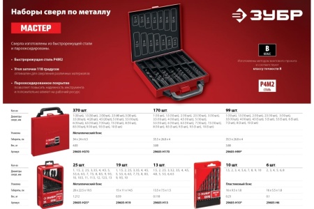Набор сверл по металлу ЗУБР сталь Р4М2, 99 шт, 1-10 мм 29605-H99