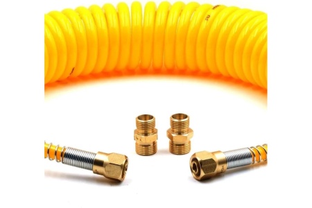 Шланг пневматический полиуретановый спиральный (7 м, 6.5х10 мм, наружная и внутренняя резьба M16x1.5 латунь, 10-16 бар, желтый) HQ-mech HQ-AH102-710YELLOWM16-BR