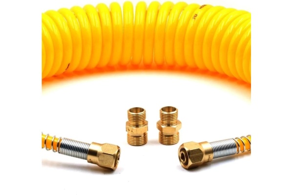 Шланг пневматический полиуретановый спиральный (7 м, 6.5х10 мм, наружная и внутренняя резьба M16x1.5 латунь, 10-16 бар, желтый) HQ-mech HQ-AH102-710YELLOWM16-BR