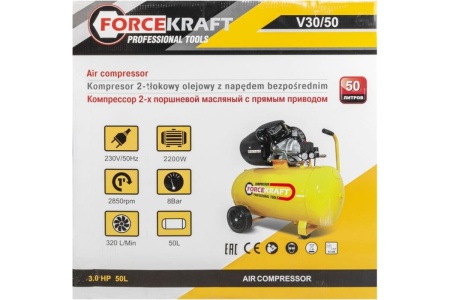 Двухпоршневой компрессор с прямым приводом Forcekraft ресивер 50 л, 8 бар, 320 л/м, 1100 w, 230 v fk-v30/50 54663