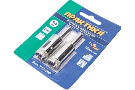 Коронка алмазная по стеклу и керамике (2 шт; 14 мм) ПРАКТИКА 777-260