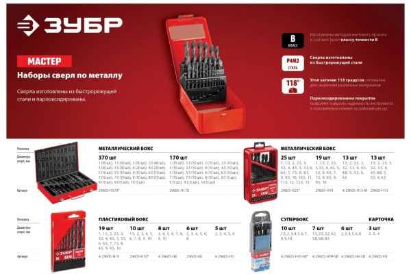 Набор сверл по металлу ЗУБР Мастер быстрорежущая сталь Р4М2, класс В, мет. бокс, 25 шт, 1-13 мм 29605-H25