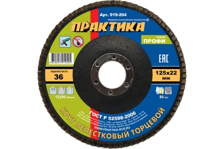 Круг лепестковый шлифовальный (125х22 мм; Р 36) ПРАКТИКА 919-204