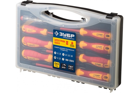 Набор диэлектрических отверток Зубр ПРОФЕССИОНАЛ 1000 В,SL 3, 5, 6 / PH 1, 2 / PZ 1, 2, тестер 100-250 В, в кейсе, 8 предметов 25268