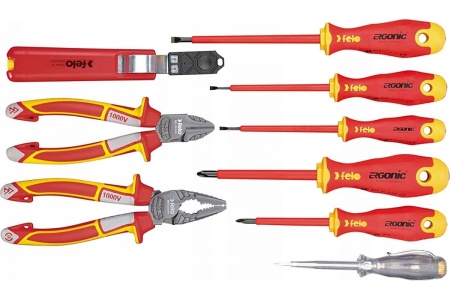 Набор диэлектрических отверток Felo Ergonic с диэлектрическими пасатижами, бокорезами, ножом для снятия изоляции и отверткой тестером сети, 9 шт 41399504
