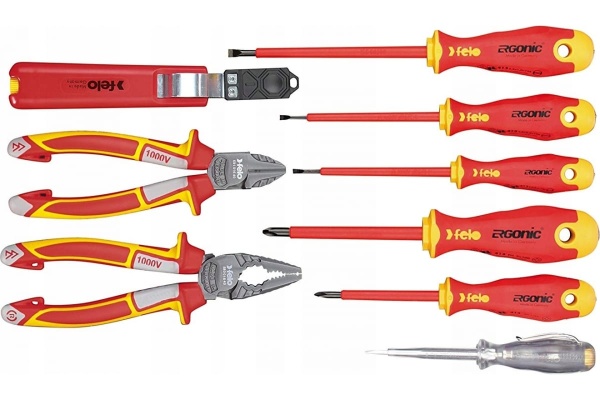Набор диэлектрических отверток Felo Ergonic с диэлектрическими пасатижами, бокорезами, ножом для снятия изоляции и отверткой тестером сети, 9 шт 41399504