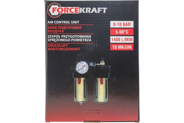 Блок подготовки воздуха фильтр-регулятор+лубрикатор (1/4", 10 Мкм, 1400 л/мин, 0-10 bar, рабочая температура 5-60°) Forcekraft FK-BFC2000 Блок подготовки воздуха фильтр-регулятор+лубрикатор (1/4", 10 Мкм, 1400 л/мин, 0-10 bar, рабочая температура 5-60°) Forcekraft FK-BFC2000