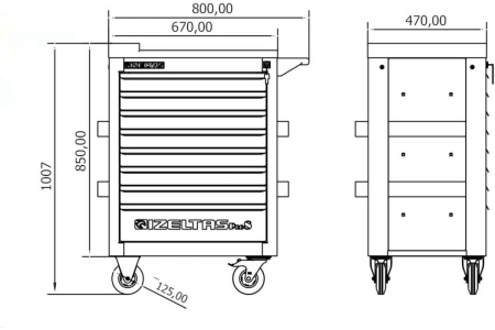 Инструментальная тележка IZELTAS PRO серая, с инструментами, 8 ящиков 8241003209
