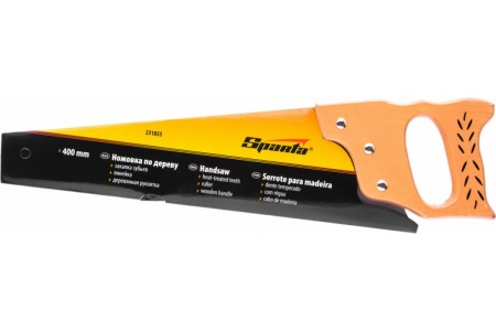 Ножовка по дереву SPARTA 400 мм, 7-8 ТРI, каленый зуб, линейка, деревянная рукоятка 231855