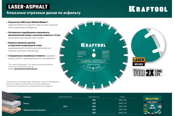 Диск алмазный отрезной по асфальту KRAFTOOL Laser-aphsfalt (300х25.4/20 мм, 10х3.2 мм) 36687-300