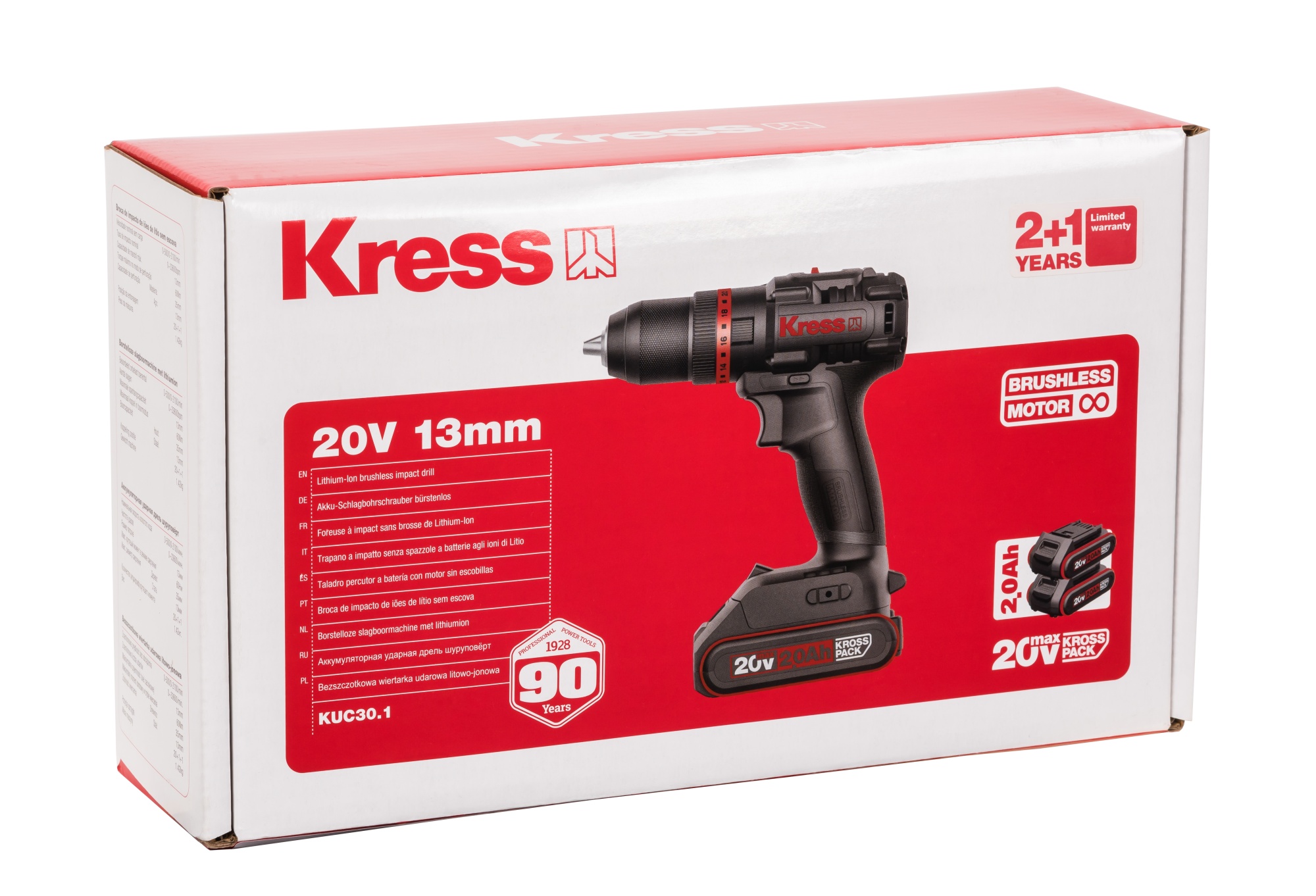 Дрель-шуруповерт аккумуляторная ударная бесщеточная KRESS KUC30.1, 20В, 60Нм, 2Ач x2, ЗУ 2А, сумка