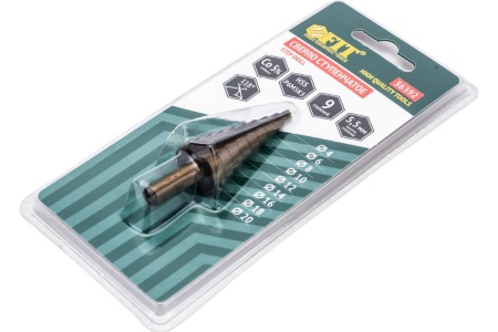 Сверло ступенчатое по металлу HSS Co (4-20 мм; 9 ступеней) FIT 36392 Сверло ступенчатое по металлу HSS Co (4-20 мм; 9 ступеней) FIT 36392