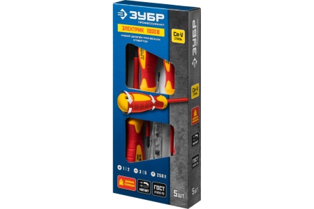 Набор диэлектрических отверток Зубр ПРОФЕССИОНАЛ 1000 В, SL 3, 5 / PH 1, 2, тестер 100-250 В, в коробке, 5 предметов 25265