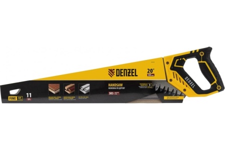Ножовка по дереву Denzel, 500 мм, 11 TPI, зуб 3D, двухкомпонентная рукоятка 24148