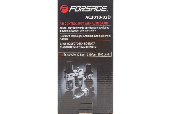 Блок подготовки воздуха 1/4'' фильтр-регулятор+лубрикатор, автоматический слив (10 Мк, 1700 л/мин, 0-10 bar, рабочая температура 5-60°) Forsage F-AC3010-02D Блок подготовки воздуха 1/4'' фильтр-регулятор+лубрикатор, автоматический слив (10 Мк, 1700 л/мин, 0-10 bar, рабочая температура 5-60°) Forsage F-AC3010-02D