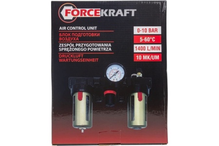 Блок подготовки воздуха фильтр-регулятор+лубрикатор с нижним расположением регулятора (1/4", 10 Мкм, 1400 л/мин, 0-10 bar, рабочая температура 5-60°) Forcekraft FK-BC2000