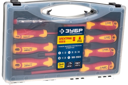 Набор диэлектрических отверток Зубр ПРОФЕССИОНАЛ 1000 В,SL 3, 5, 6 / PH 1, 2 / PZ 1, 2, тестер 100-250 В, в кейсе, 8 предметов 25268
