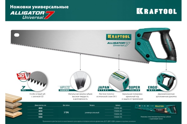 Ножовка KRAFTOOL Alligator 7 универсальная, 450 мм, 7 TPI, 3D зуб, 15004-45_z01