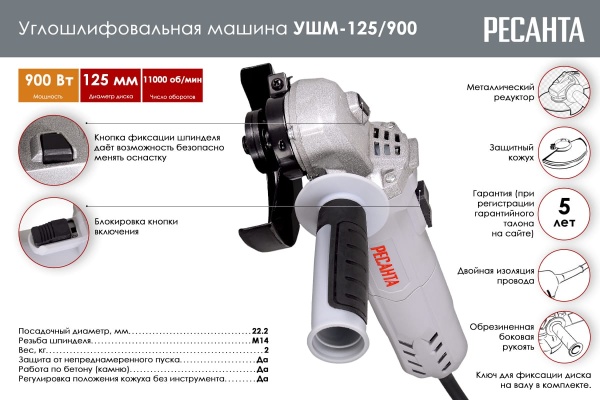 Углошлифовальная машина Ресанта УШМ-125/900 75/12/2 Углошлифовальная машина Ресанта УШМ-125/900 75/12/2