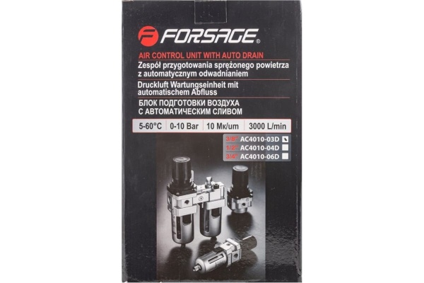 Блок подготовки воздуха 3/8" фильтр-регулятор+лубрикатор, автоматический слив (10 Мк, 3000 л/мин, 0-10 bar, рабочая температура 5-60°) Forsage F-AC4010-03D Блок подготовки воздуха 3/8" фильтр-регулятор+лубрикатор, автоматический слив (10 Мк, 3000 л/мин, 0-10 bar, рабочая температура 5-60°) Forsage F-AC4010-03D
