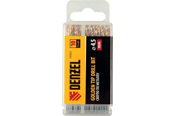 Сверло по металлу Golden Tip 4.5 мм, HSS-Tin, 10 шт, DIN 338 Denzel 717211 Сверло по металлу Golden Tip 4.5 мм, HSS-Tin, 10 шт, DIN 338 Denzel 717211