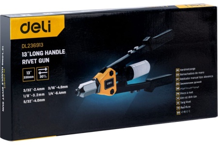 Двуручный заклепочник DELI DL236913 330мм, носовая часть из хромомолибденовой стали, сменные насадки 2,4–3,2–4,0–4,8–6,4 мм 98414