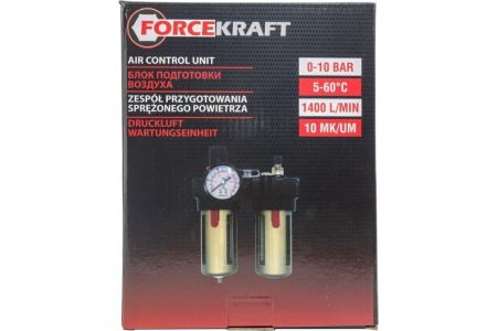 Блок подготовки воздуха фильтр-регулятор+лубрикатор (1/2", 10 Мкм, 1400 л/мин, 0-10 bar, рабочая температура 5-60°) Forcekraft FK-BFC4000