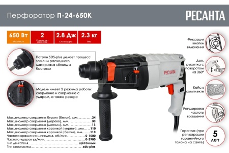 Перфоратор Ресанта П-24-650К 75/3/4