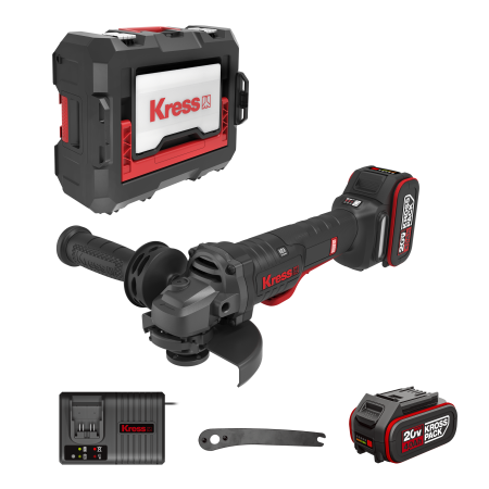Угловая шлифмашина аккумуляторная бесщеточная KRESS, KUH04, 20В, 125мм, 4Ач х2, ЗУ 6А, кейс