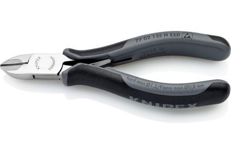 Бокорезы для электроники KNIPEX ESD с лезвиями из твёрдосплава, округлая головка, 135 мм, 2-комп антистатические ручки KN-7702135HESD