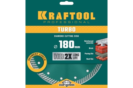 Диск алмазный отрезной турбо по бетону и кирпичу KRAFTOOL Turbo 180х22 мм 36682-180