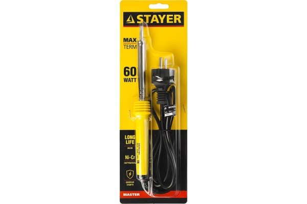 Паяльник Stayer с пластмассовой рукояткой и долговечным жалом  MASTER MAXTerm 60Вт клин 55305-60 Паяльник Stayer с пластмассовой рукояткой и долговечным жалом  MASTER MAXTerm 60Вт клин 55305-60