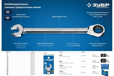 Комбинированный гаечный трещоточный ключ Зубр ПРОФИ 27074-27