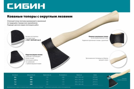 Кованый топор с округлым лезвием СИБИН 1200 г 2070-12