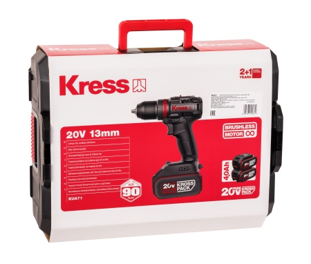 Дрель-шуруповерт аккумуляторная бесщеточная KRESS KUA71, 20В, 60Нм, 4Ач x2, ЗУ 6A, кейс