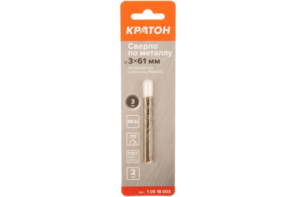 Сверло по металлу легированное кобальтом Р6М5К5 (3х61х33 мм) Кратон 1 05 18 003 Сверло по металлу легированное кобальтом Р6М5К5 (3х61х33 мм) Кратон 1 05 18 003