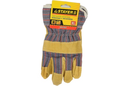 Комбинированные кожаные перчатки STAYER из спилка с тиснением 1131-XL