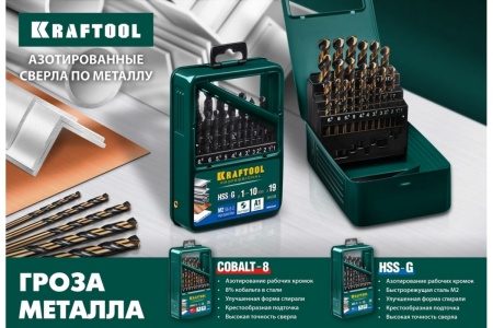Набор сверл Kraftool по металлу 19 шт, 1-10 мм, HSS-Co 29656-H19 Набор сверл Kraftool по металлу 19 шт, 1-10 мм, HSS-Co 29656-H19