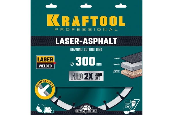 Диск алмазный отрезной по асфальту KRAFTOOL Laser-aphsfalt (300х25.4/20 мм, 10х3.2 мм) 36687-300