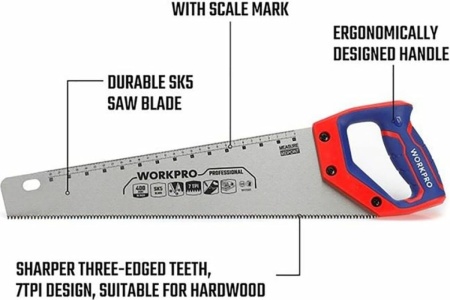 Ножовка по дереву WORKPRO 400 мм, SK5, 7TPI WP215005