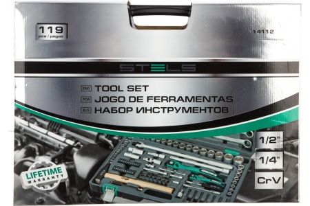 Набор инструмента 1/4", 1/2", CrV, S2, усиленный кейс, 119шт STELS 14112