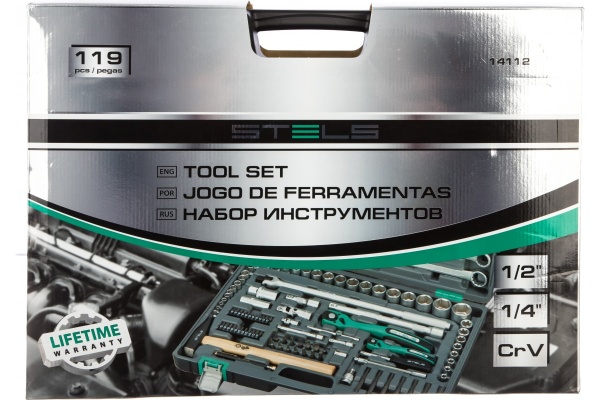 Набор инструмента 1/4", 1/2", CrV, S2, усиленный кейс, 119шт STELS 14112