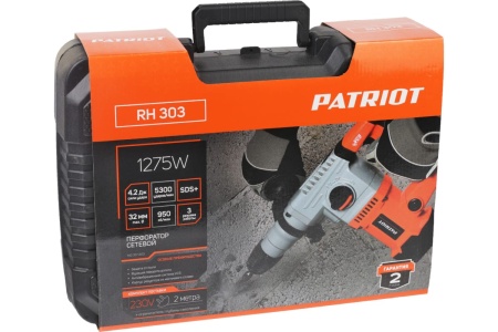 Перфоратор PATRIOT RH 303 SDS+, мощность 1275 Вт, 4.2 Дж, 3 режима работы, макс.диаметр 26 мм, глубиномер, кейс 140301303 Перфоратор PATRIOT RH 303 SDS+, мощность 1275 Вт, 4.2 Дж, 3 режима работы, макс.диаметр 26 мм, глубиномер, кейс 140301303