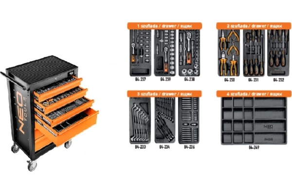 Инструментальная тележка NEO Tools 6 ящиков с набором инструмента 141 шт 84-221+G Инструментальная тележка NEO Tools 6 ящиков с набором инструмента 141 шт 84-221+G