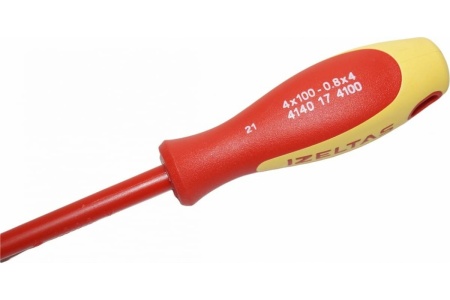 Диэлектрическая отвертка IZELTAS 1000В, прямой шлиц, 4x100 мм, длина 185мм 4140174100