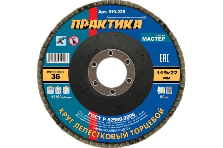 Круг лепестковый шлифовальный (115х22 мм; Р 36) ПРАКТИКА 919-228