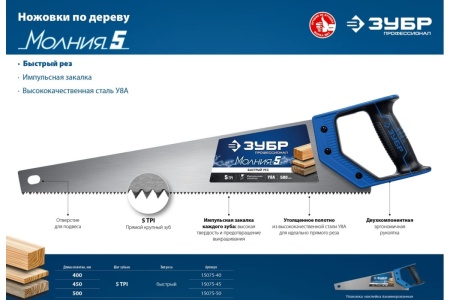 Ножовка по дереву Зубр МОЛНИЯ-5 450 мм, 5 TPI, 15075-45_z02